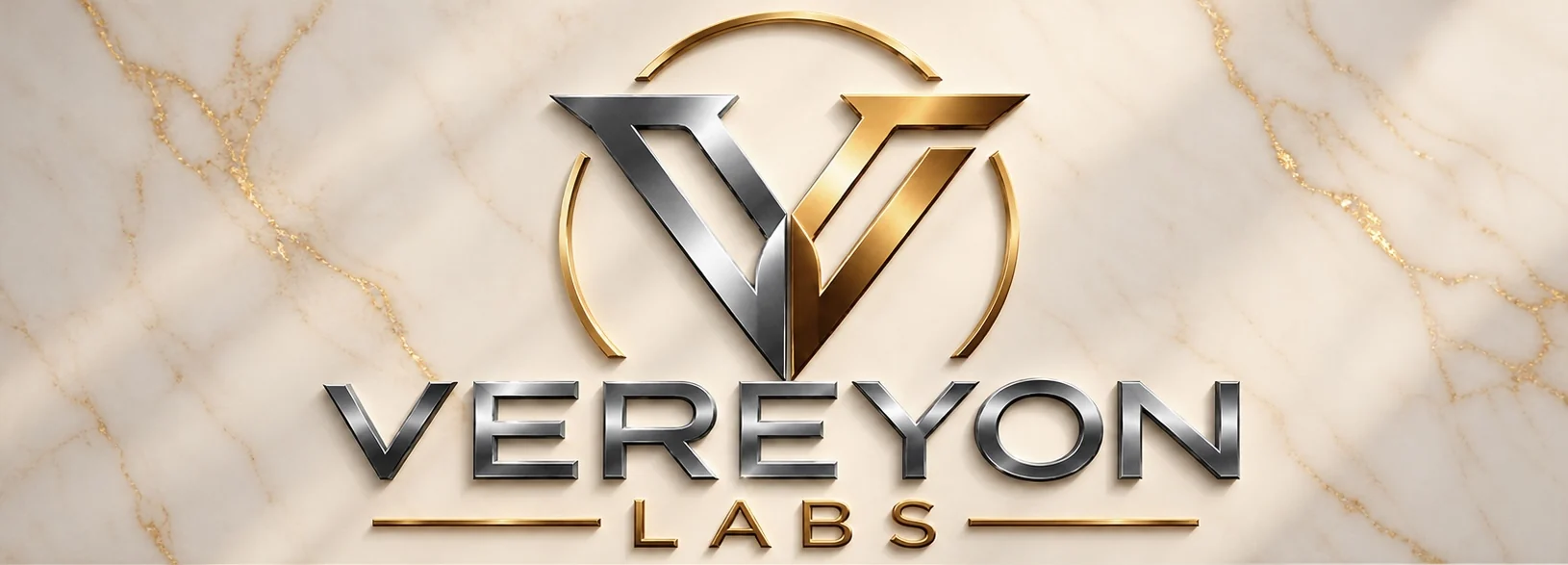 The VEREYON LABS logo in brushed silver and gold on ivory marble