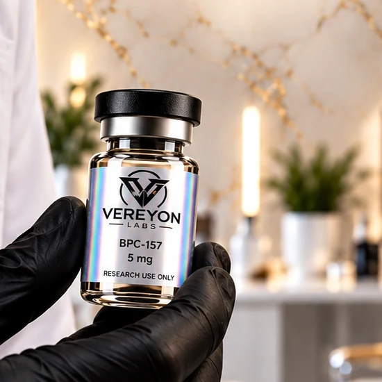 A gloved hand holding a VEREYON LABS BPC-157 5 mg research vial in front of a marble wall