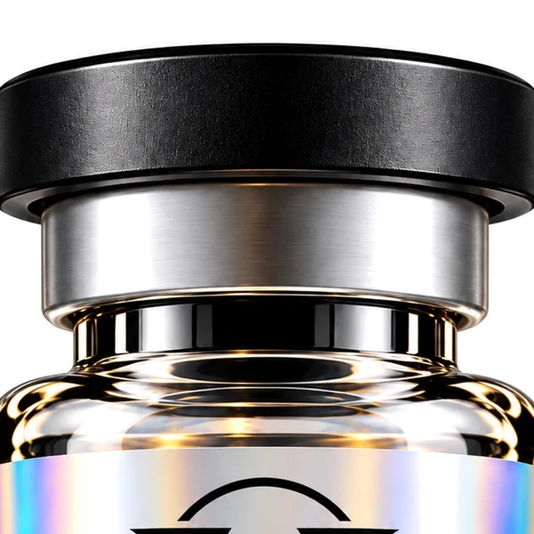 Black flip-off cap, silver crimp collar — packaging detail